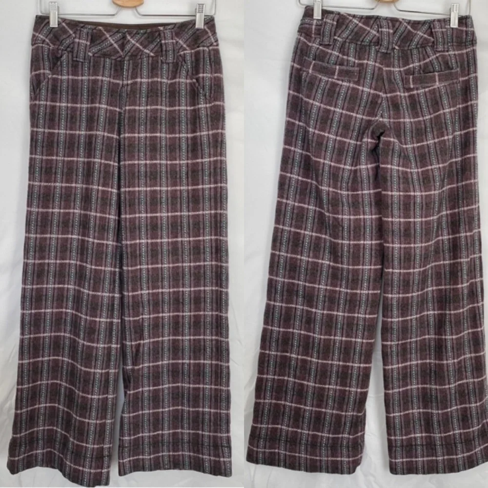 VTG Y2K Free People Plaid Tweed Wide Leg Trousers Size 2 Academia Silk Mid-Rise
